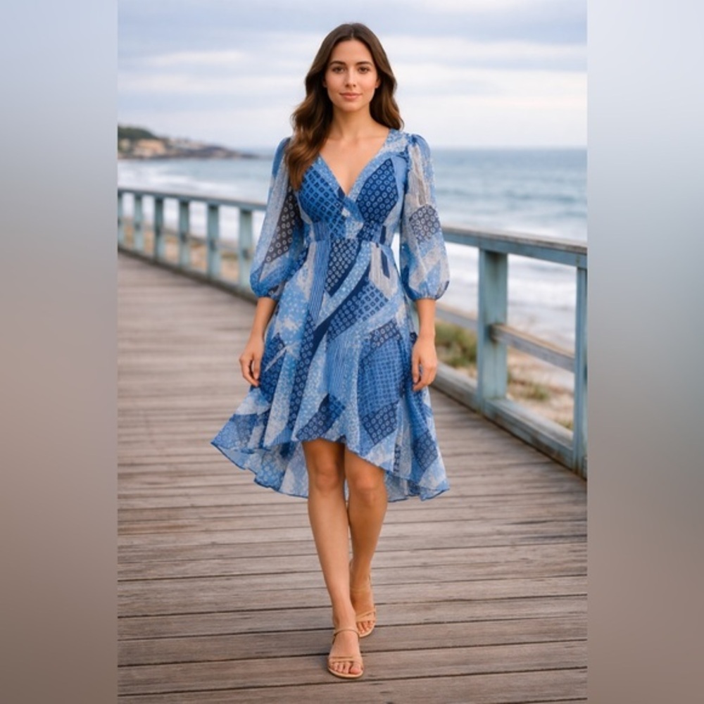 Eva Franco Indigo Patchwork High/Low Hem Dress – Coastal Boho NWT 12 #1027